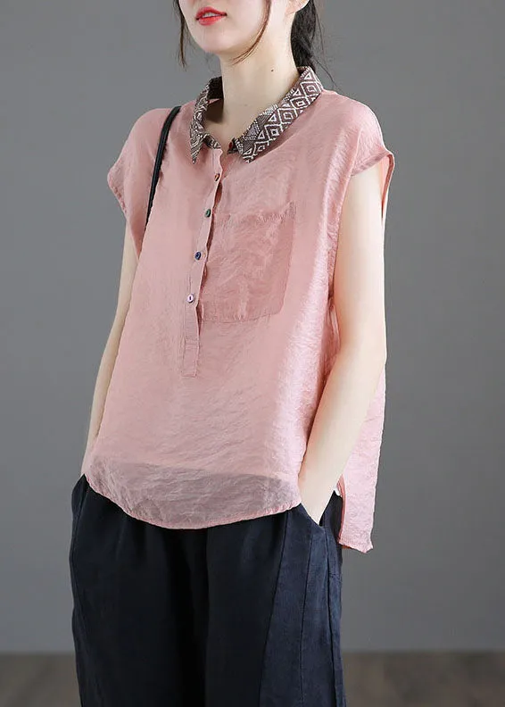 Fitted Light Blue Peter Pan Collar Pockets Patchwork Linen Blouse Tops Summer LY6253