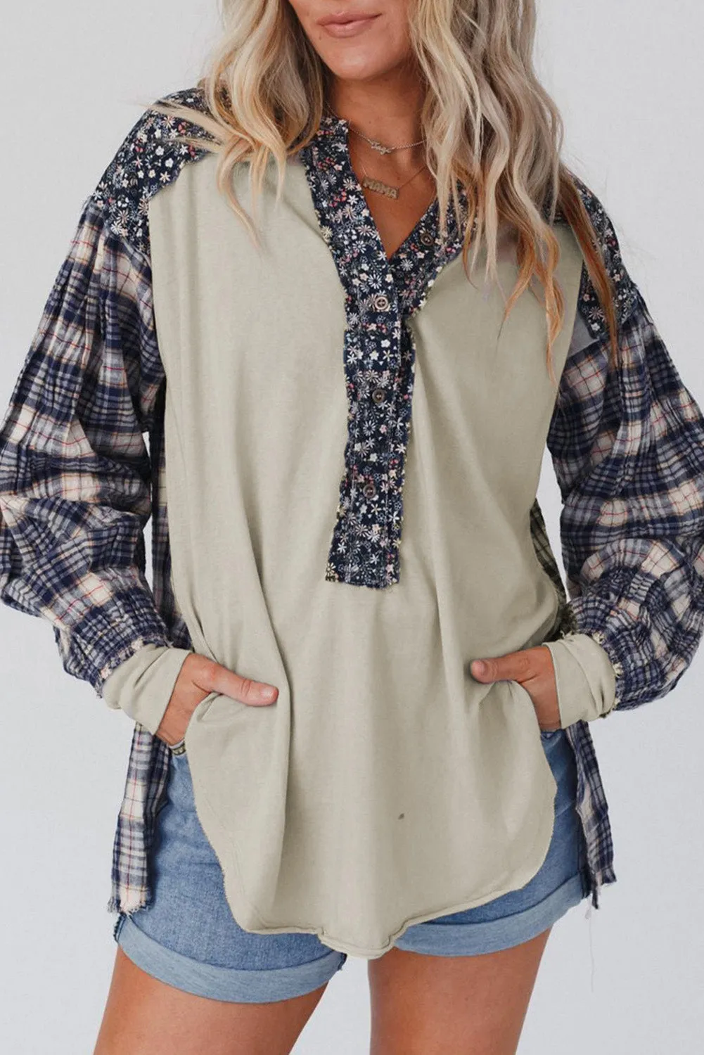 Floral Plaid Mixed Print Bishop Sleeve Patchwork Top