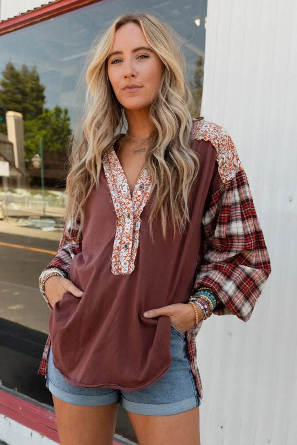 Floral Plaid Mixed Print Bishop Sleeve Patchwork Top