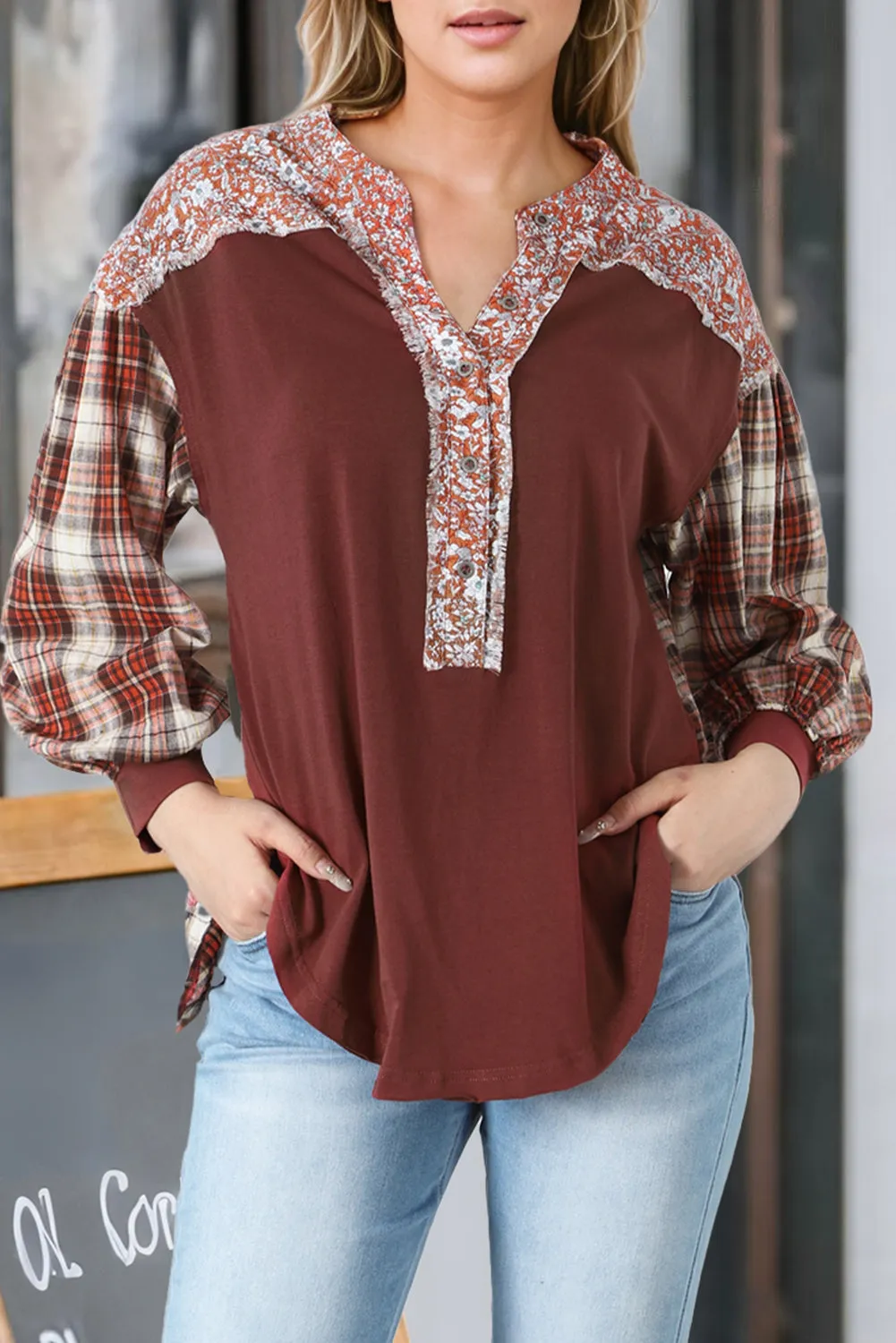 Floral Plaid Mixed Print Bishop Sleeve Patchwork Top