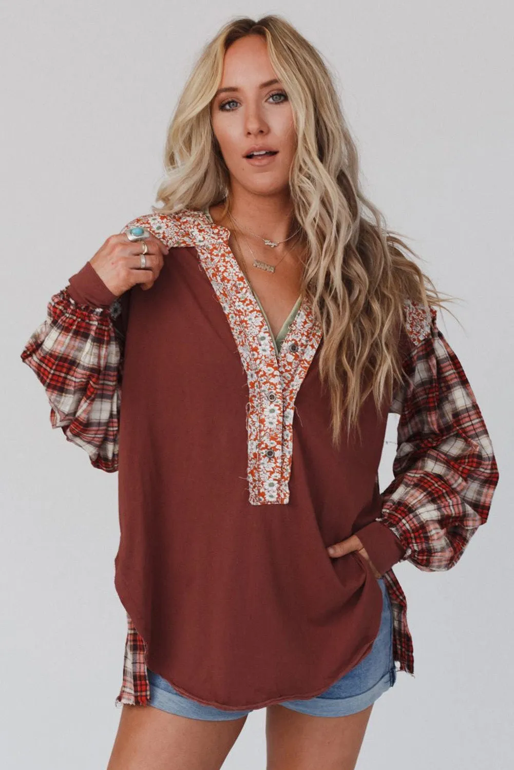 Floral Plaid Mixed Print Bishop Sleeve Patchwork Top