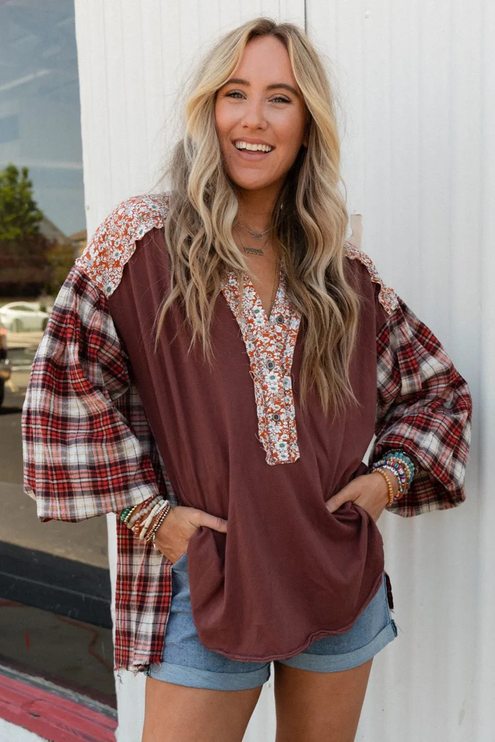 Floral Plaid Mixed Print Bishop Sleeve Patchwork Top