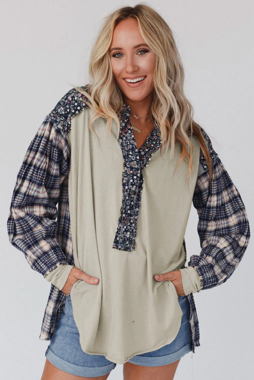 Floral Plaid Mixed Print Bishop Sleeve Patchwork Top