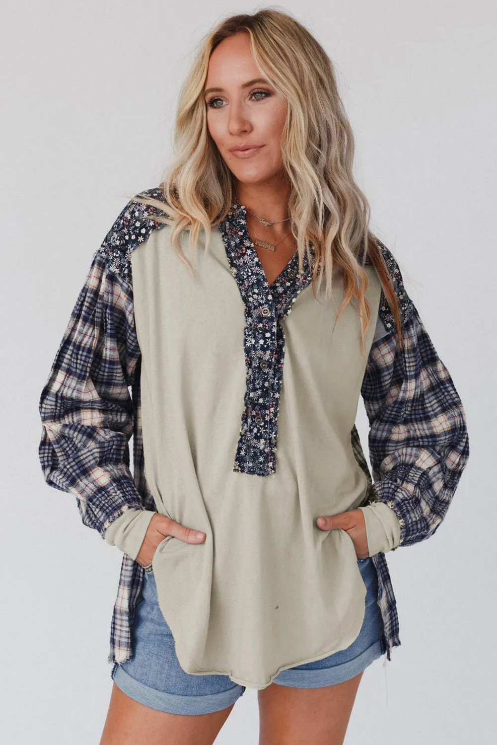 Floral Plaid Mixed Print Bishop Sleeve Patchwork Top