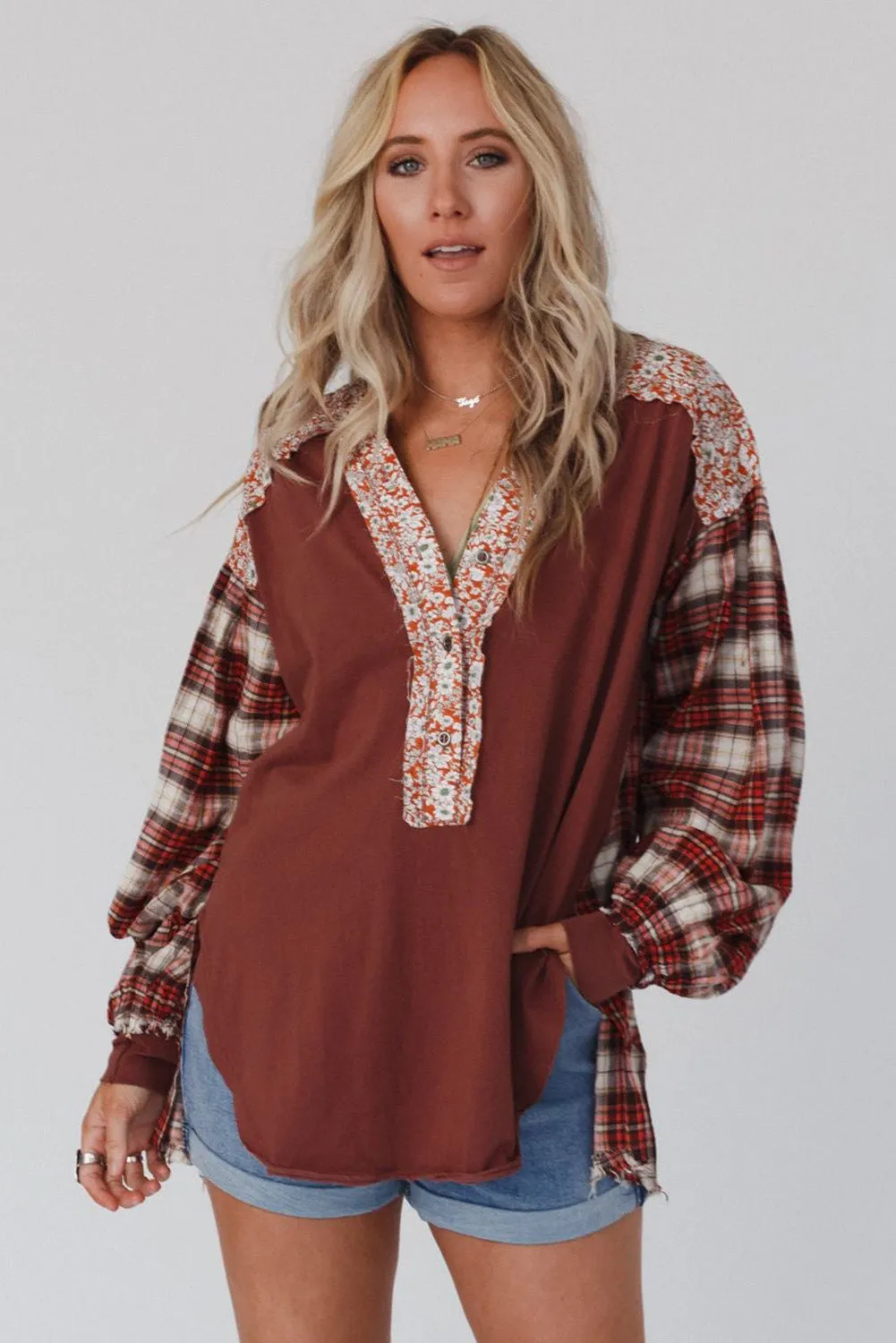 Floral Plaid Mixed Print Bishop Sleeve Patchwork Top
