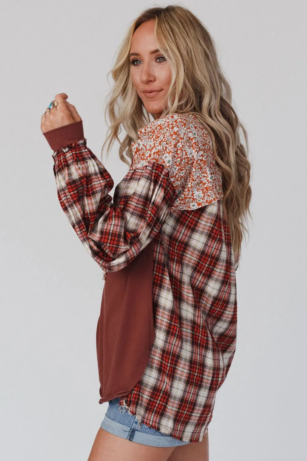 Floral Plaid Mixed Print Bishop Sleeve Patchwork Top