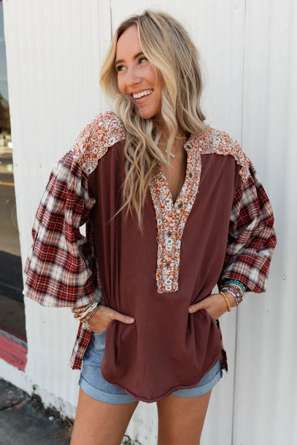 Floral Plaid Mixed Print Bishop Sleeve Patchwork Top