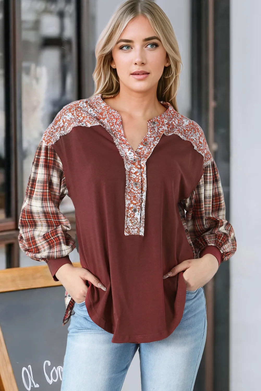 Floral Plaid Mixed Print Bishop Sleeve Patchwork Top