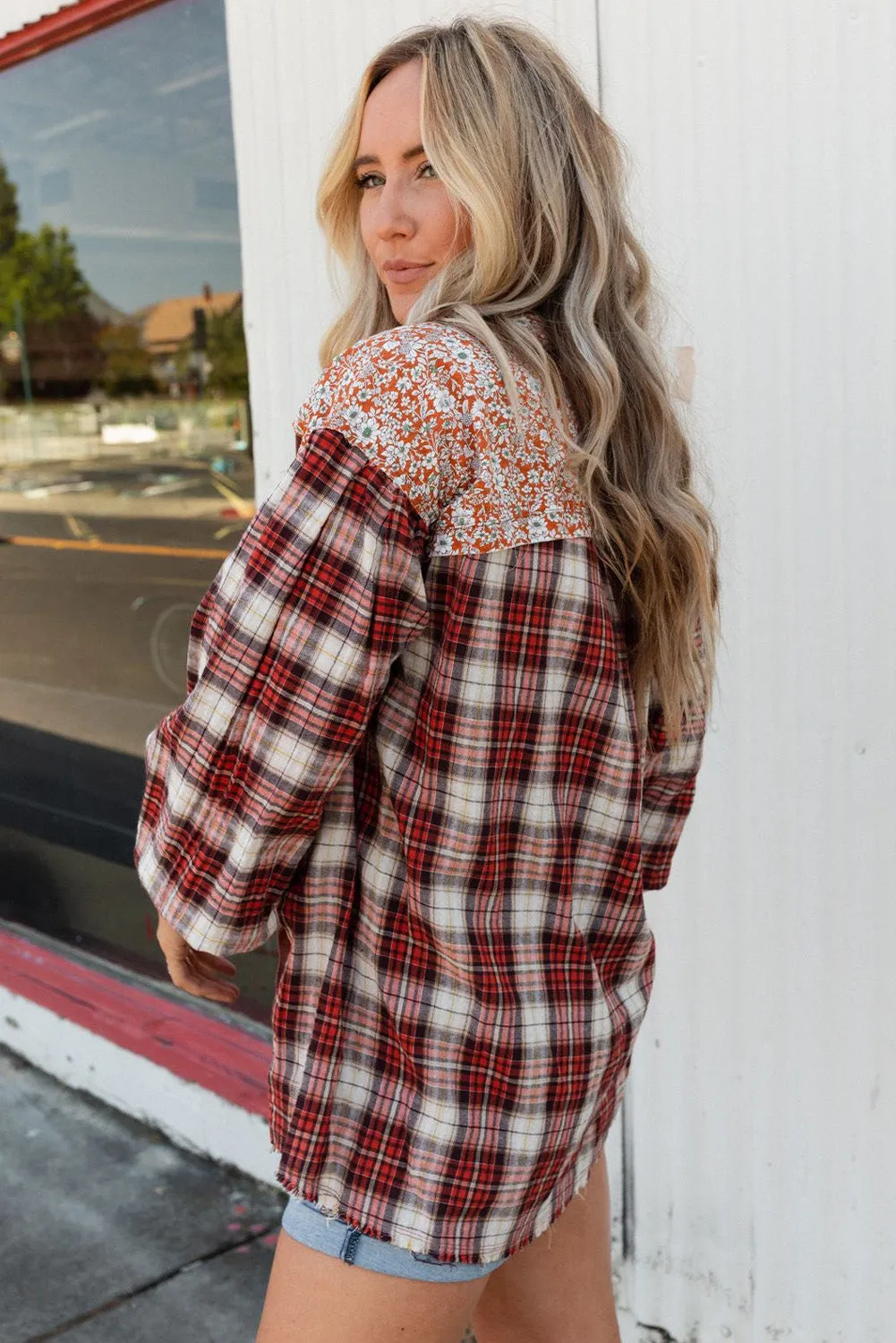 Floral Plaid Mixed Print Bishop Sleeve Patchwork Top