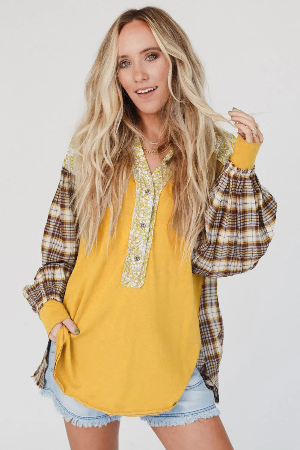 Floral Plaid Mixed Print Bishop Sleeve Patchwork Top