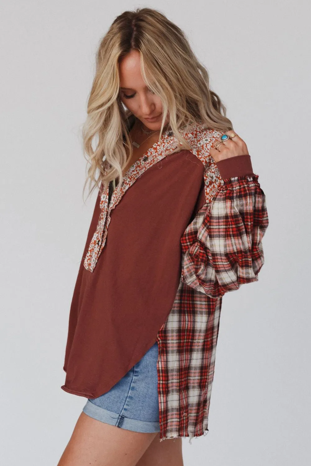 Floral Plaid Mixed Print Bishop Sleeve Patchwork Top