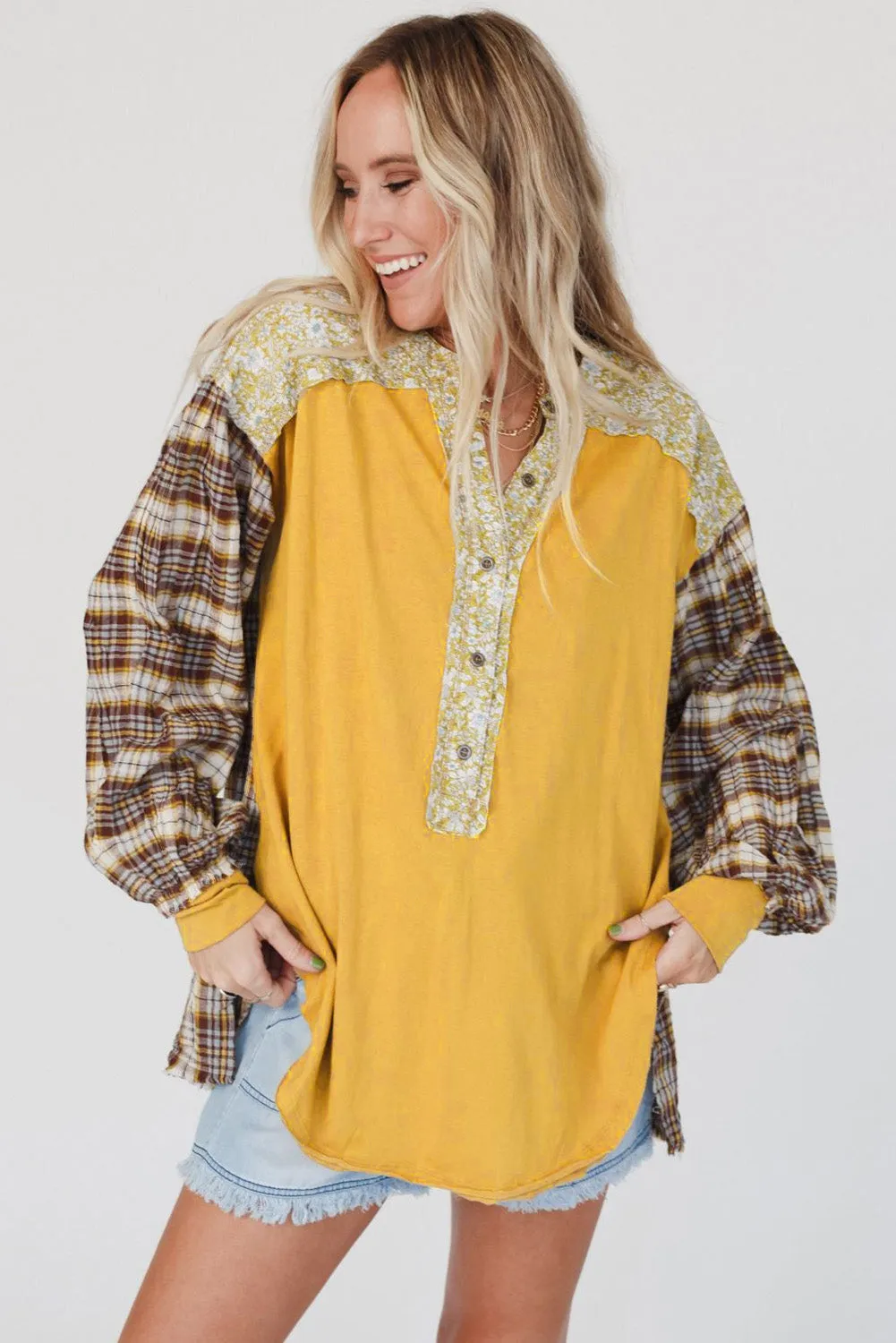 Floral Plaid Mixed Print Bishop Sleeve Patchwork Top