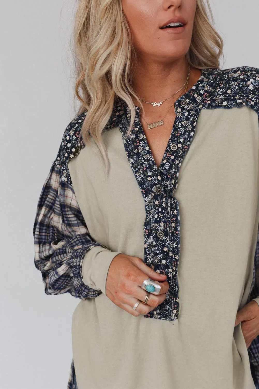 Floral Plaid Mixed Print Bishop Sleeve Patchwork Top