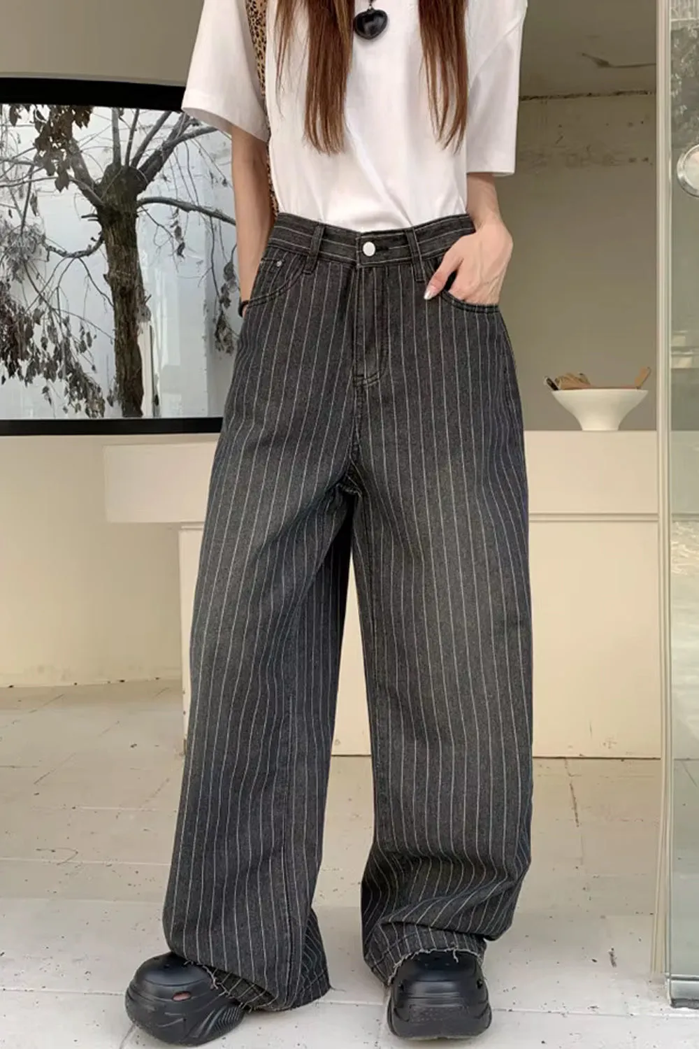 Flytonn-cute winter outfits casual winter outfits christmas outfit party look inspos High Waist Loose Retro Black Striped Pants