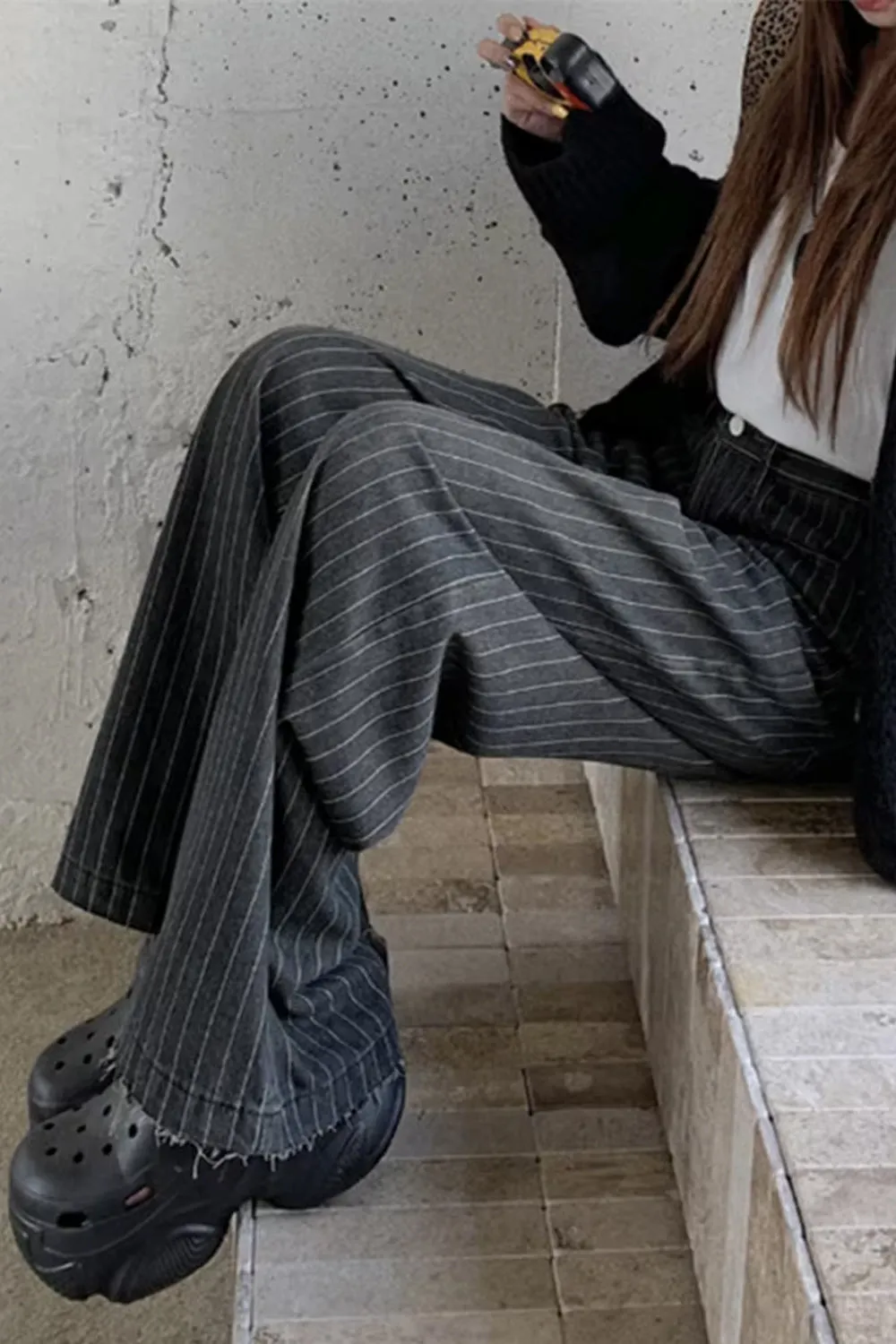 Flytonn-cute winter outfits casual winter outfits christmas outfit party look inspos High Waist Loose Retro Black Striped Pants