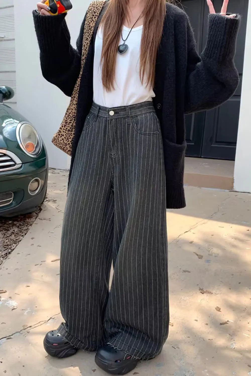Flytonn-cute winter outfits casual winter outfits christmas outfit party look inspos High Waist Loose Retro Black Striped Pants