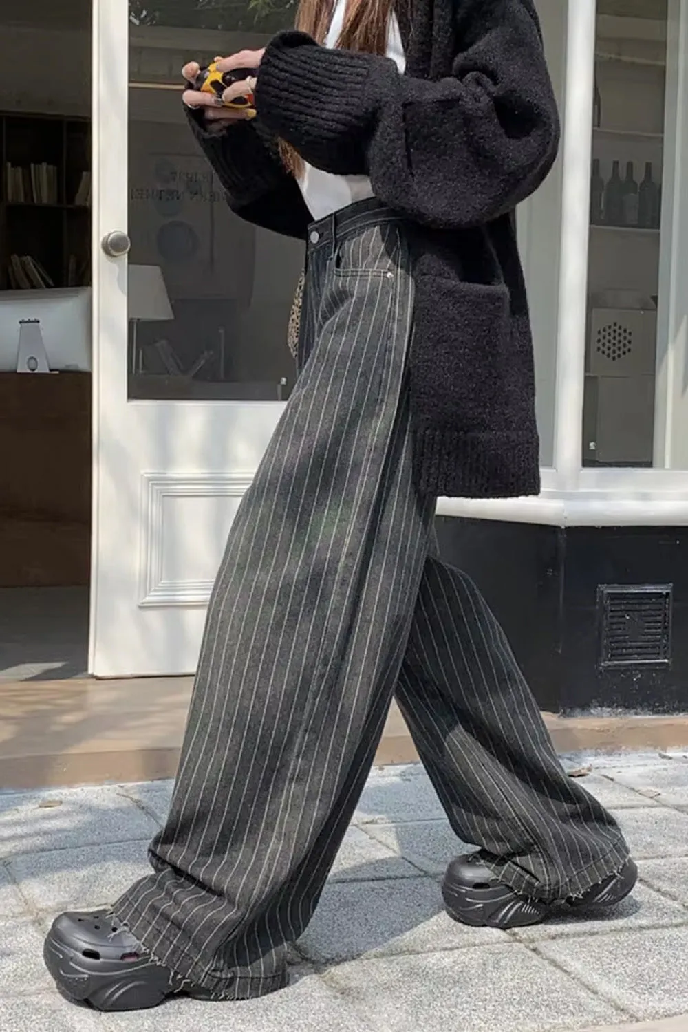 Flytonn-cute winter outfits casual winter outfits christmas outfit party look inspos High Waist Loose Retro Black Striped Pants