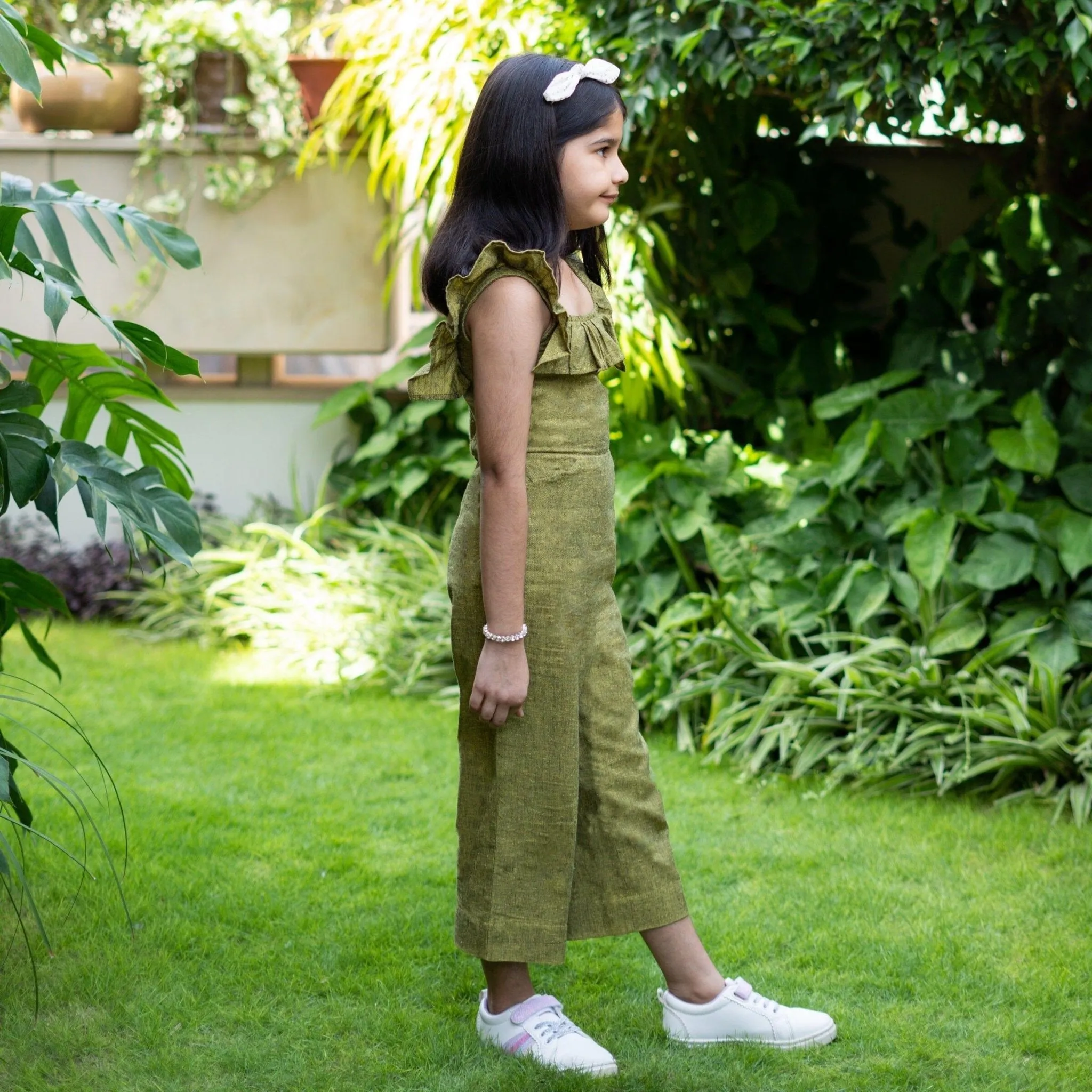 Girls - Olive Green Handspun Cotton Frilled Square Neck Jumpsuit