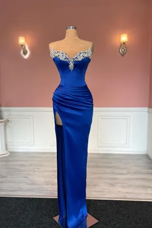 Glamorous Long Royal Blue Column Jewels Strapless Prom Dress With Slit