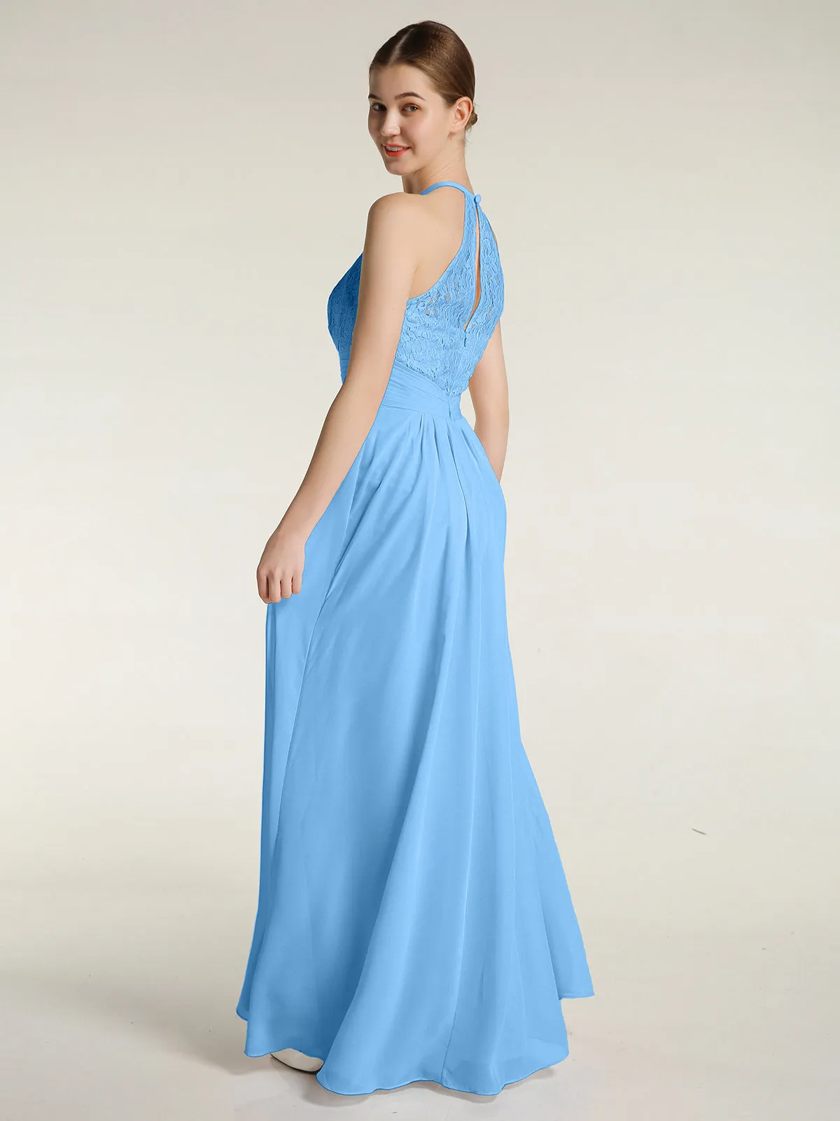 Halter Chiffon And Lace Long Dresses Blue Plus Size