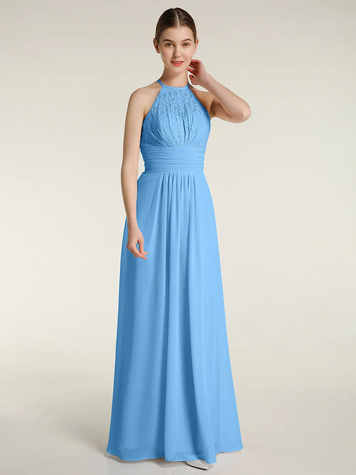 Halter Chiffon And Lace Long Dresses Blue Plus Size