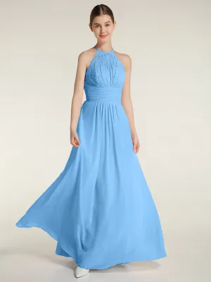 Halter Chiffon And Lace Long Dresses Blue Plus Size