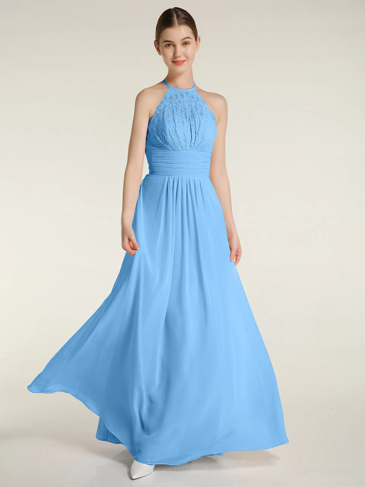 Halter Chiffon And Lace Long Dresses Blue Plus Size
