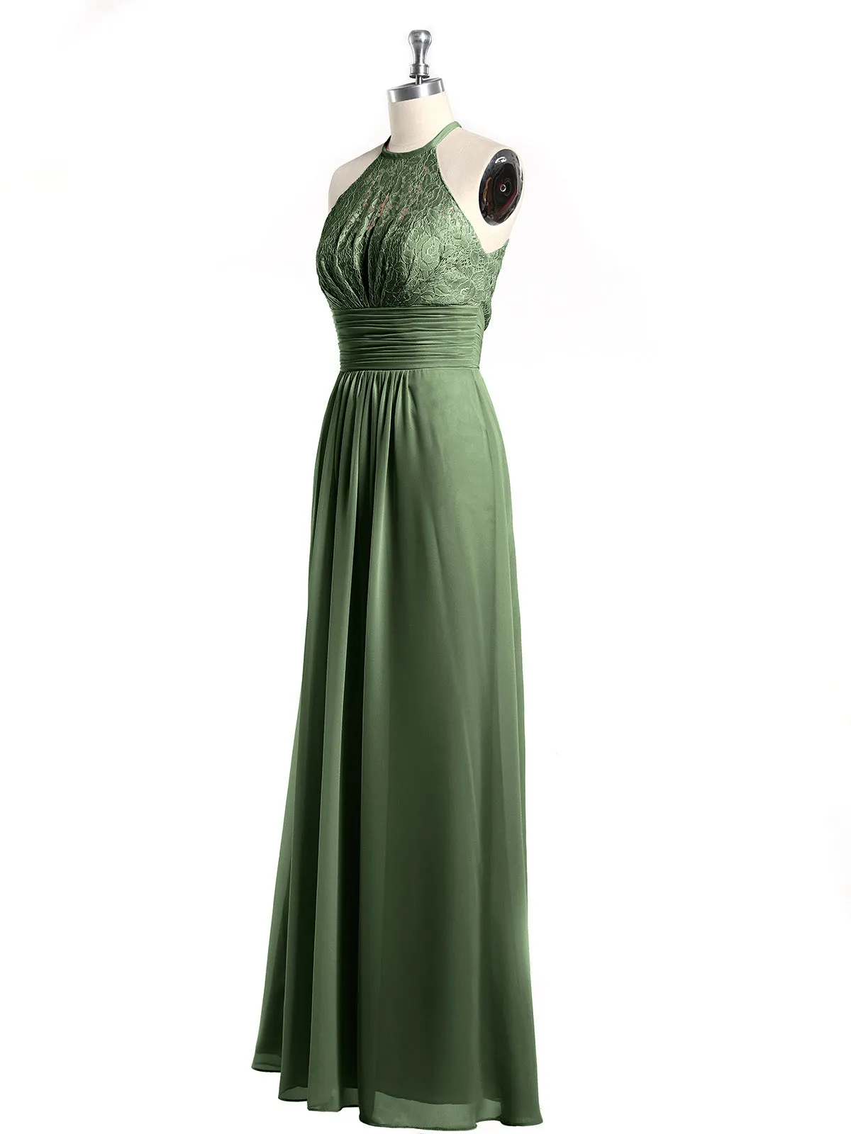Halter Chiffon And Lace Long Dresses Olive Green