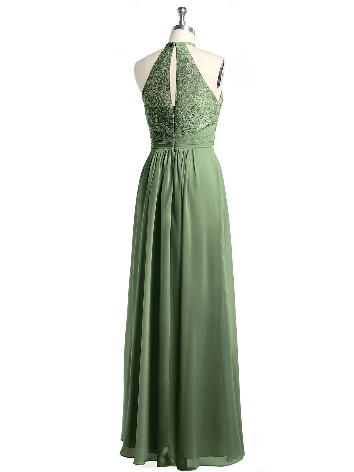 Halter Chiffon And Lace Long Dresses Olive Green