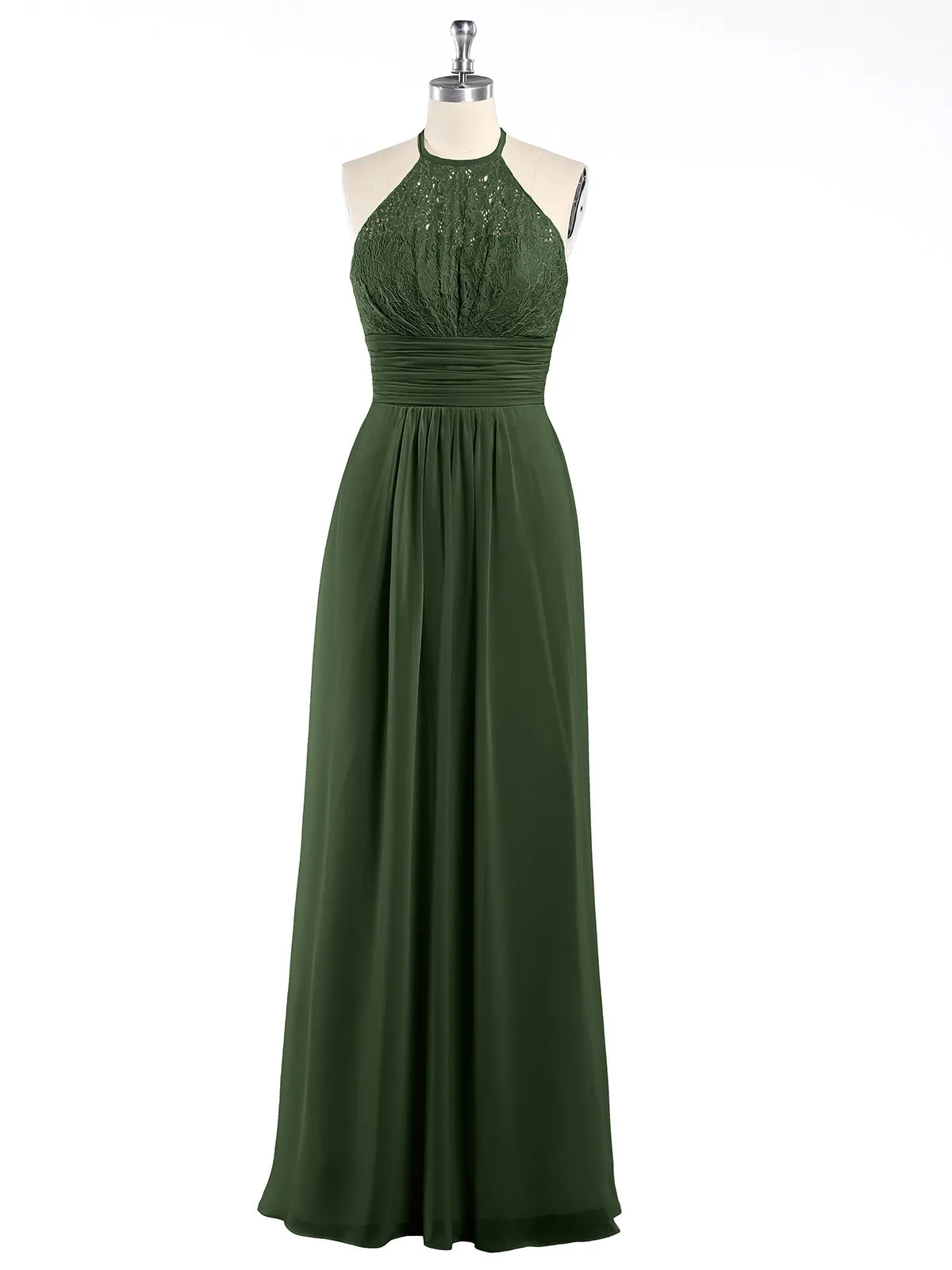 Halter Chiffon And Lace Long Dresses Olive Green