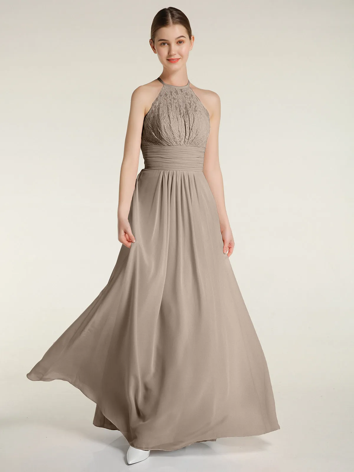 Halter Chiffon And Lace Long Dresses Taupe Plus Size