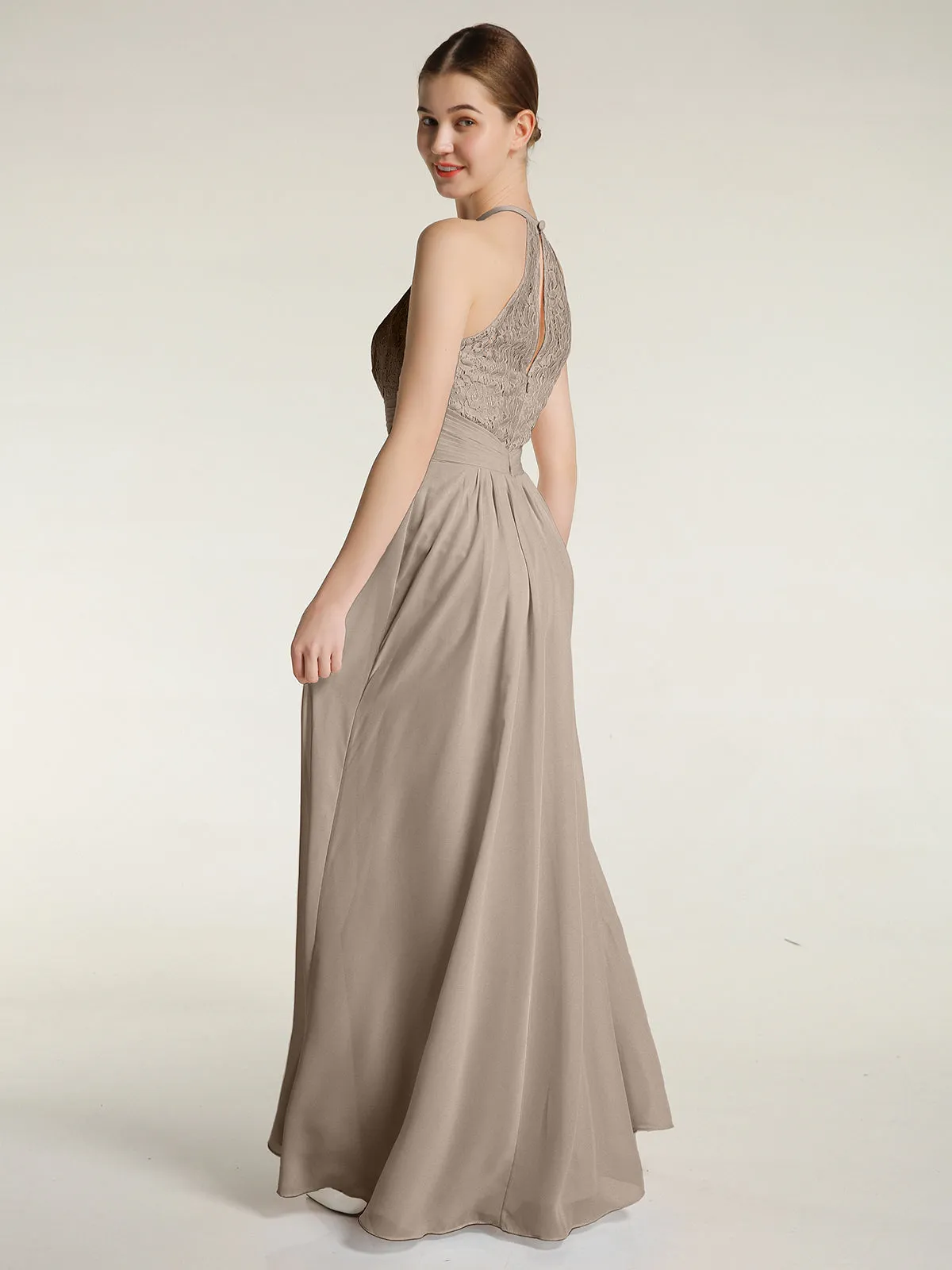 Halter Chiffon And Lace Long Dresses Taupe Plus Size