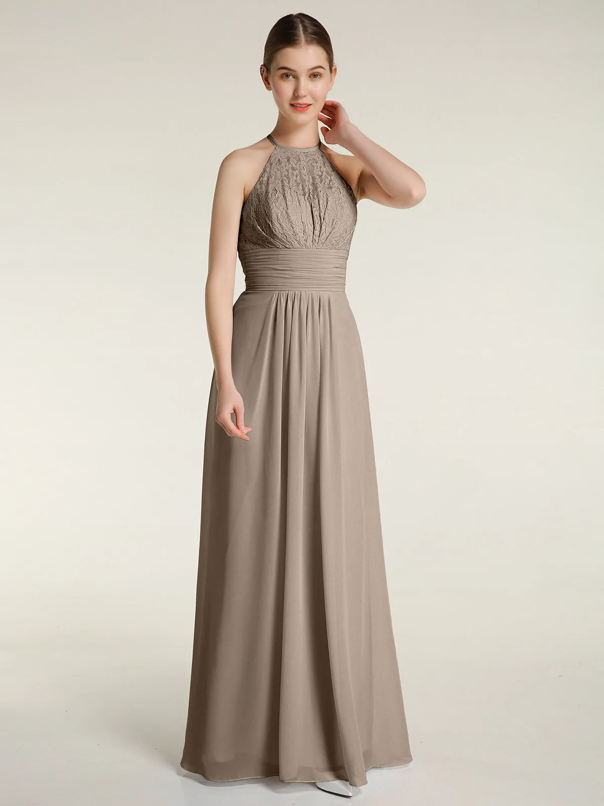 Halter Chiffon And Lace Long Dresses Taupe Plus Size