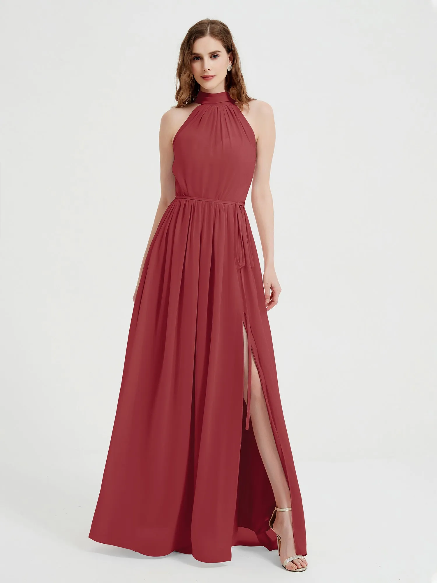 High Neck Chiffon Dresses with Slit and Sash Bow-Burgundy Plus Size