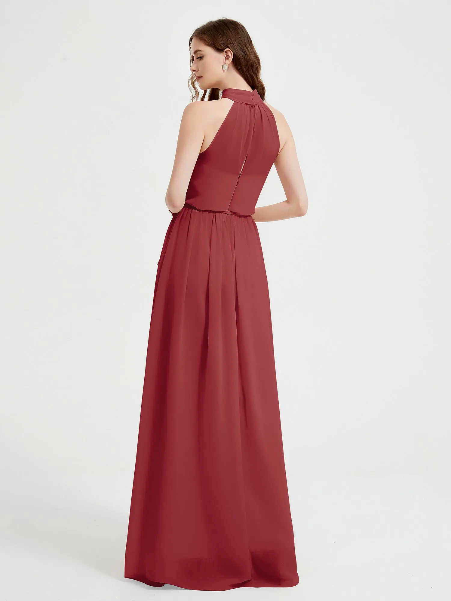 High Neck Chiffon Dresses with Slit and Sash Bow-Burgundy Plus Size