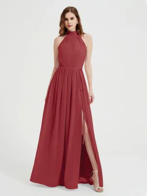 High Neck Chiffon Dresses with Slit and Sash Bow-Burgundy Plus Size