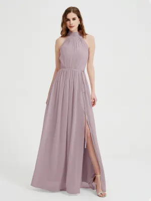 High Neck Chiffon Dresses with Slit and Sash Bow-Dusk
