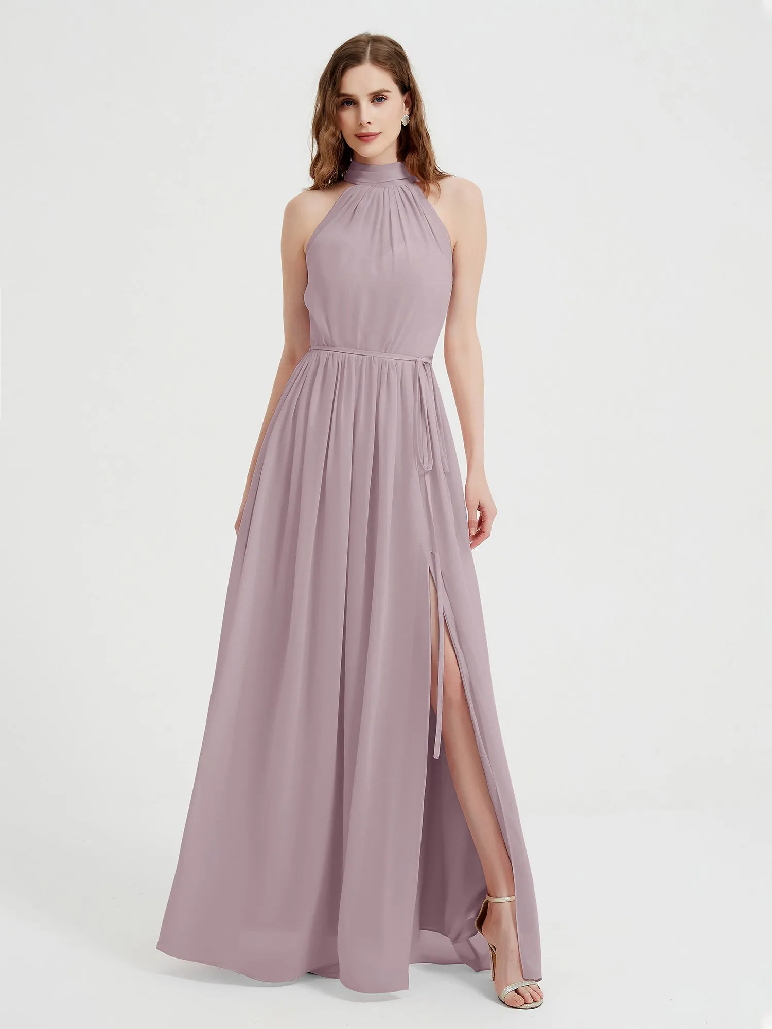 High Neck Chiffon Dresses with Slit and Sash Bow-Dusk
