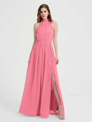 High Neck Chiffon Dresses with Slit and Sash Bow-Watermelon Plus Size