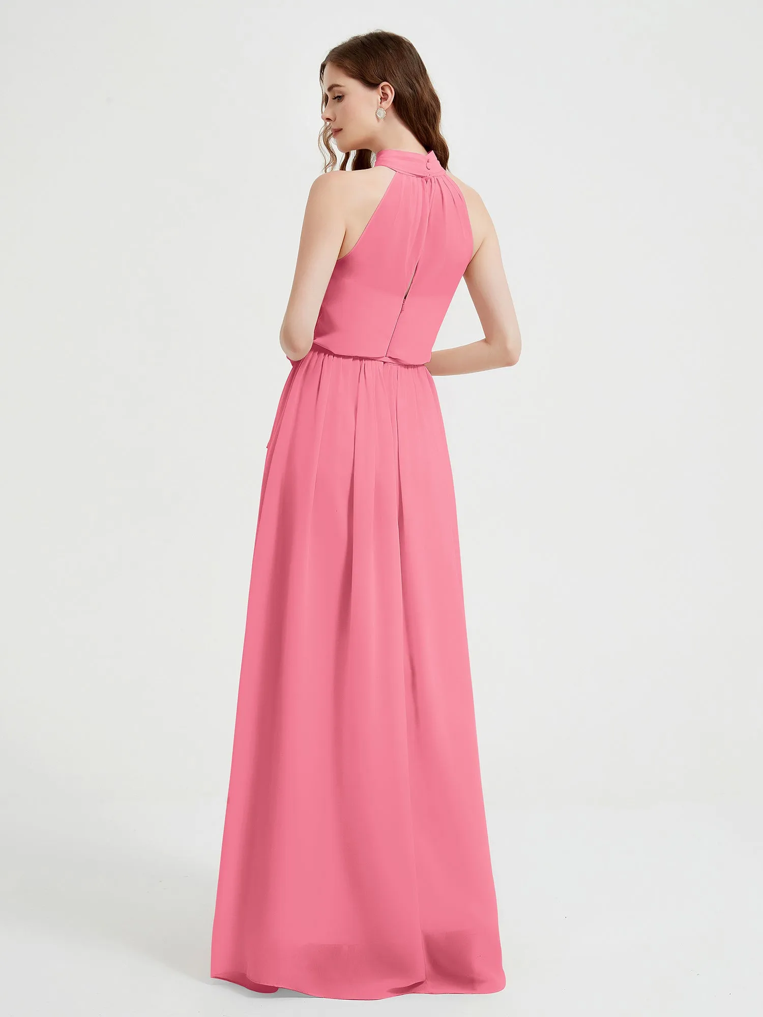 High Neck Chiffon Dresses with Slit and Sash Bow-Watermelon Plus Size