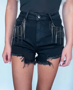 High Rise Rhinestone Shorts- Black