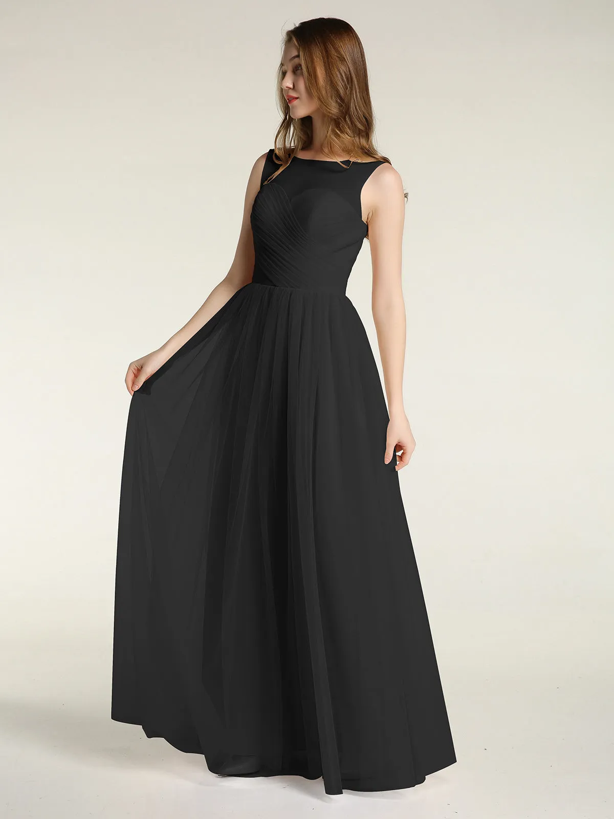 Illusion Neck Cross Tulle Bridesmaid Dresses-Black