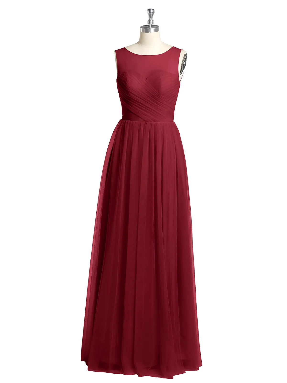Illusion Neck Cross Tulle Bridesmaid Dresses-Burgundy Plus Size
