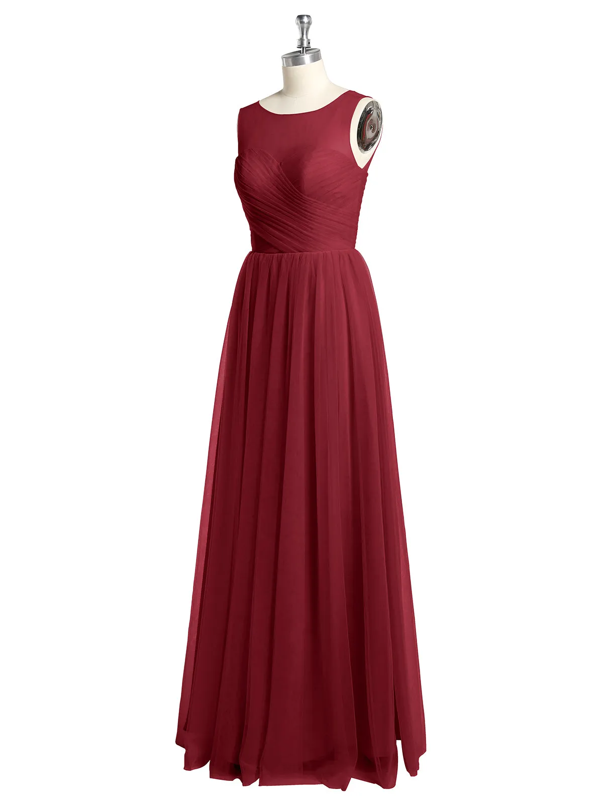 Illusion Neck Cross Tulle Bridesmaid Dresses-Burgundy Plus Size