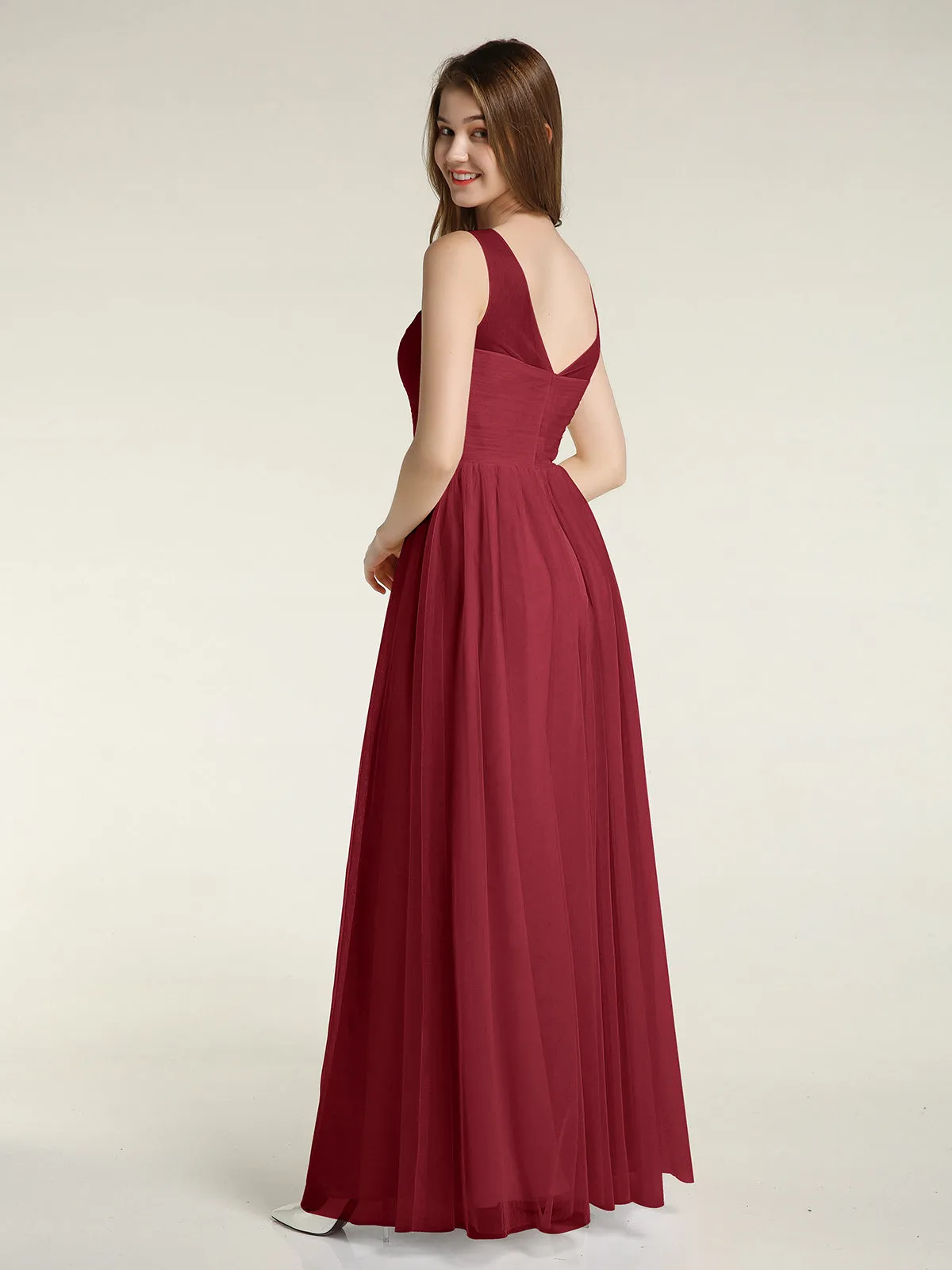 Illusion Neck Cross Tulle Bridesmaid Dresses-Burgundy Plus Size