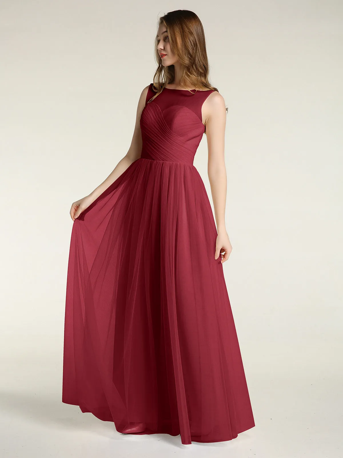Illusion Neck Cross Tulle Bridesmaid Dresses-Burgundy Plus Size