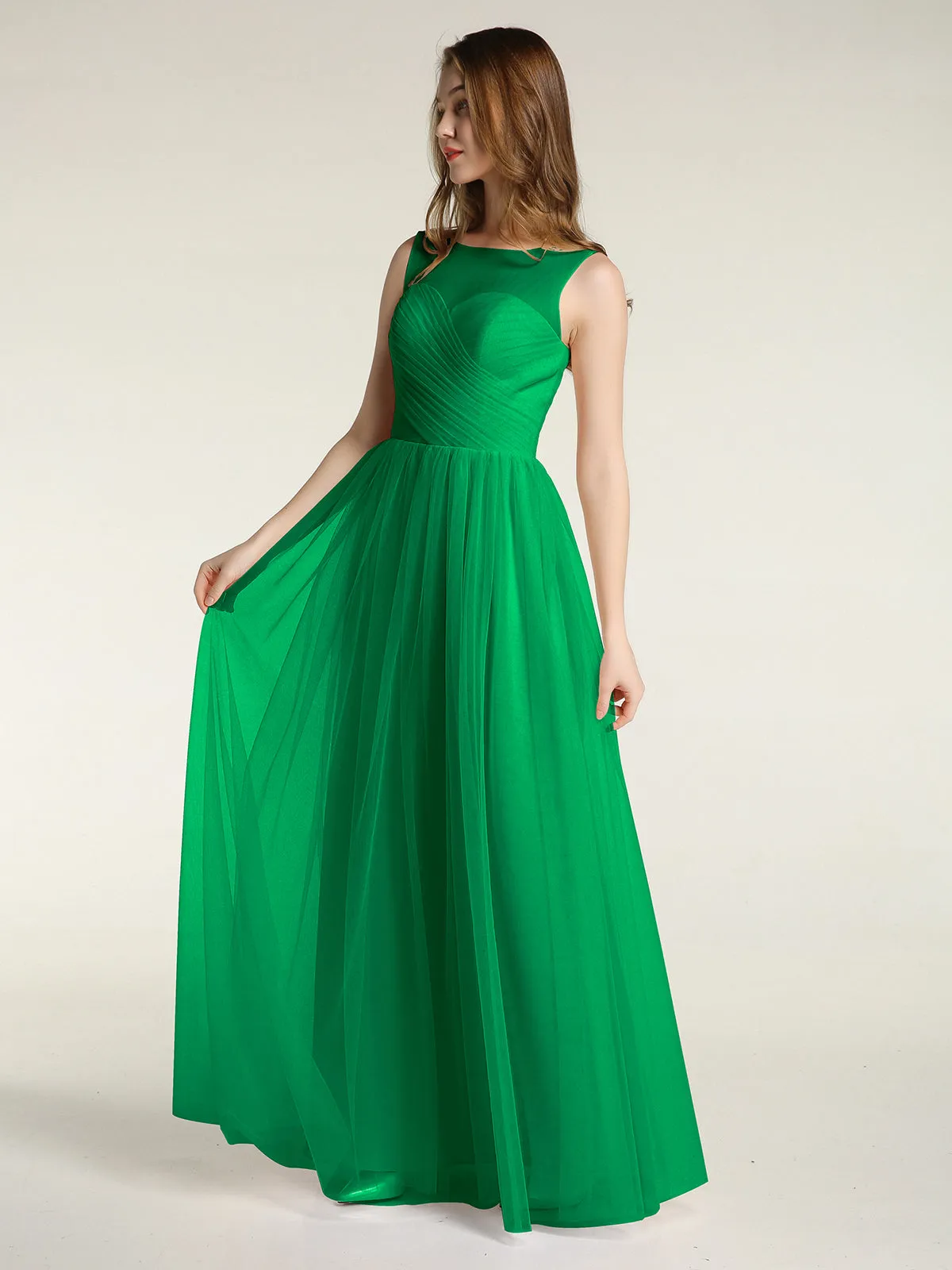 Illusion Neck Cross Tulle Bridesmaid Dresses-Emerald Plus Size
