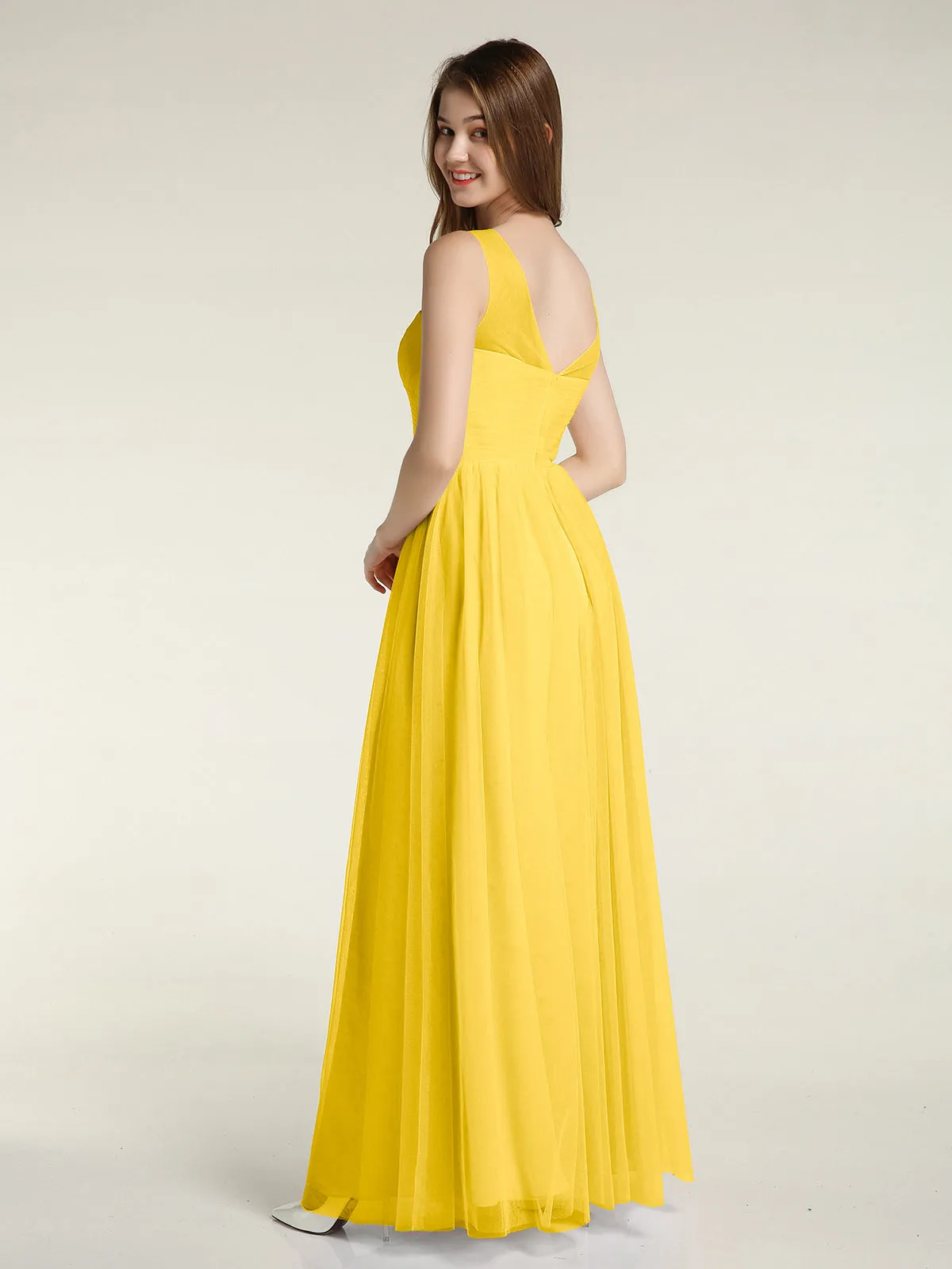 Illusion Neck Cross Tulle Bridesmaid Dresses-Marigold