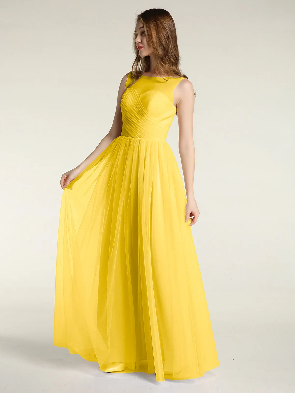 Illusion Neck Cross Tulle Bridesmaid Dresses-Marigold