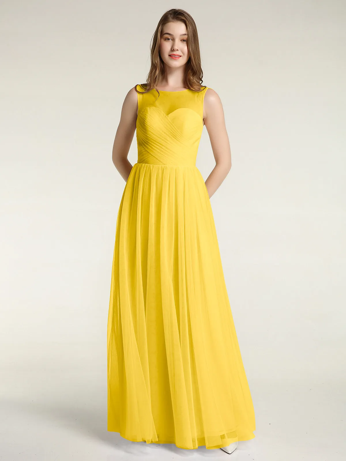 Illusion Neck Cross Tulle Bridesmaid Dresses-Marigold